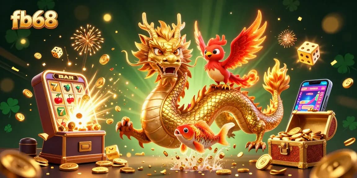 Experience the excitement of fb68 with a dynamic 3D rendering of a casino-themed dragon, phoenix, and koi.