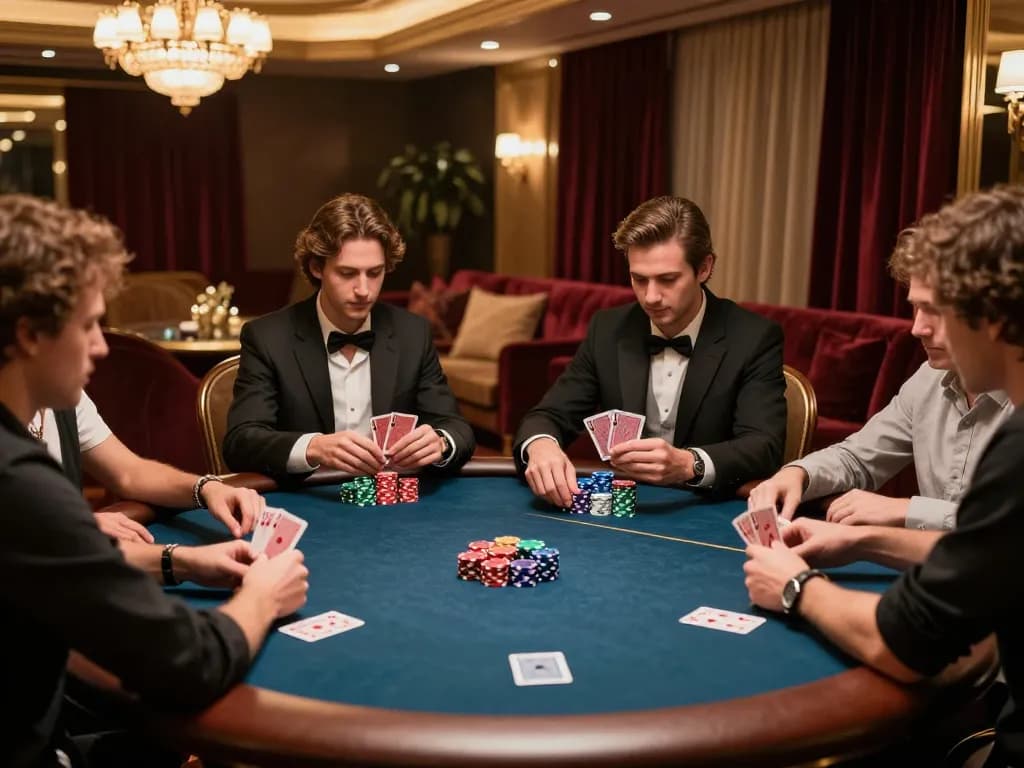 Link uu88 players enjoying a high-stakes poker game in a luxurious casino lounge.