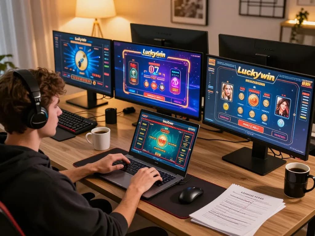Engaged player enjoying casino games online at luckywin, showcasing strategic planning and cozy home setup