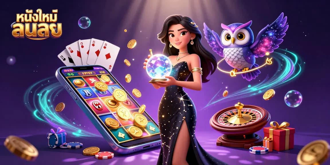 Showcasing thrilling หนังใหม่ชนโรง gameplay with dynamic characters and casino elements in a magical scene.