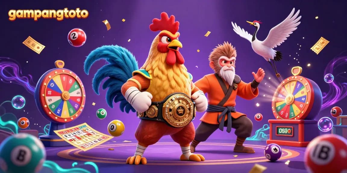 Engage with the dynamic world of gampangtoto through a thrilling 3D illustration of gambling characters and colorful lottery elements.