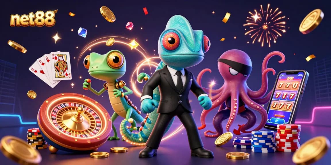 Experience the excitement of net88 with agents and treasures in a vibrant casino scene.