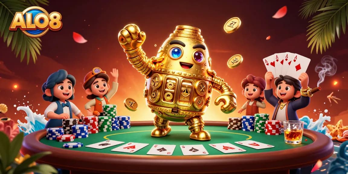 Experience the excitement of ALO8 with a dynamic 3D illustration of a golden golem among poker elements.