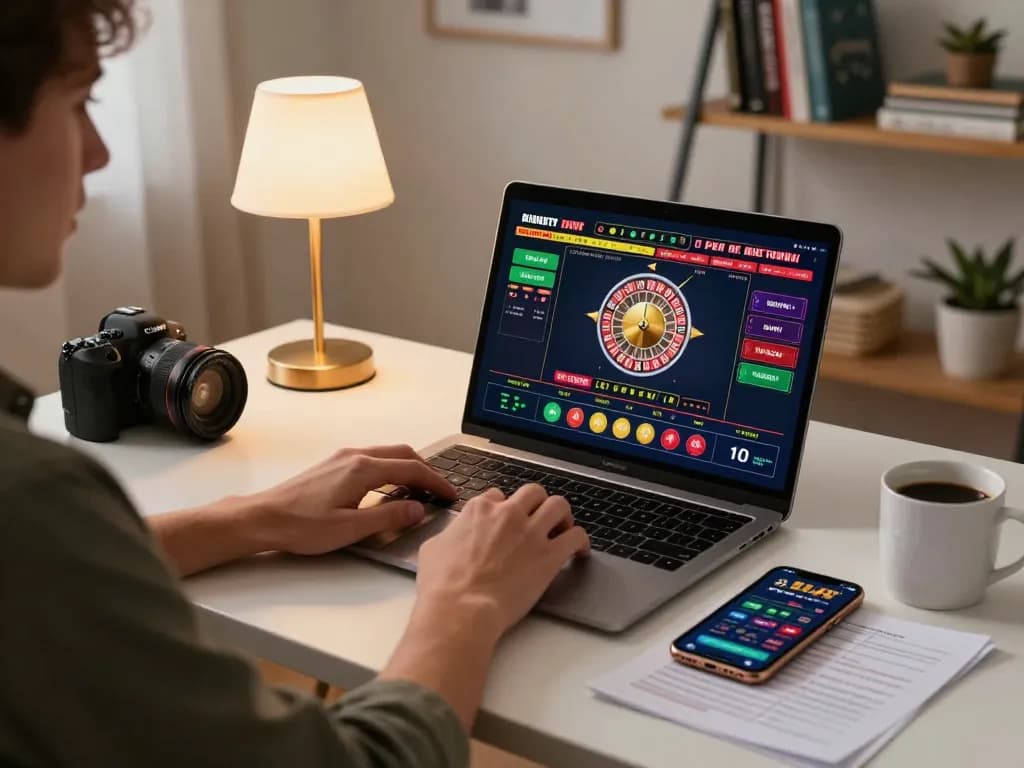 Engaged player using 3win casino platform on laptop and smartphone, showcasing strategic betting