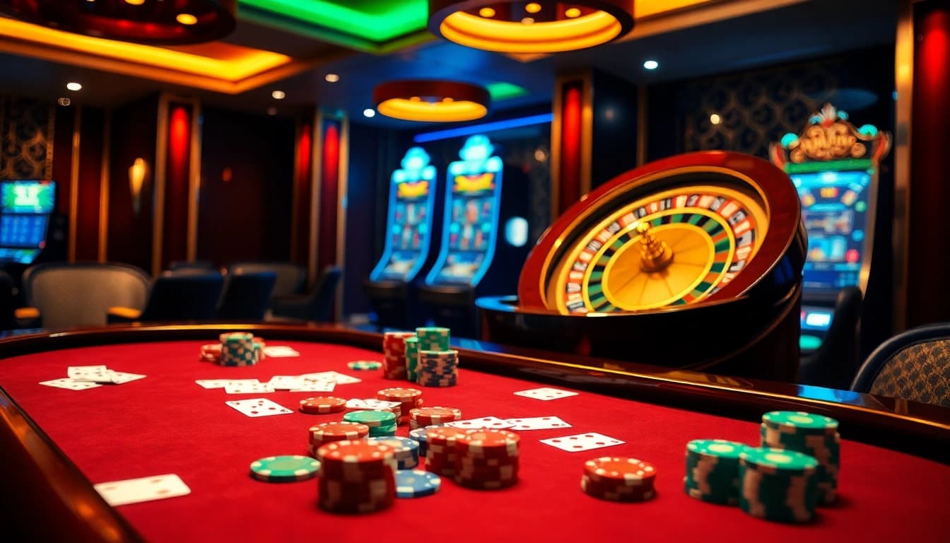 x88ni com offers an exciting gambling atmosphere with poker chips and a roulette wheel in action.