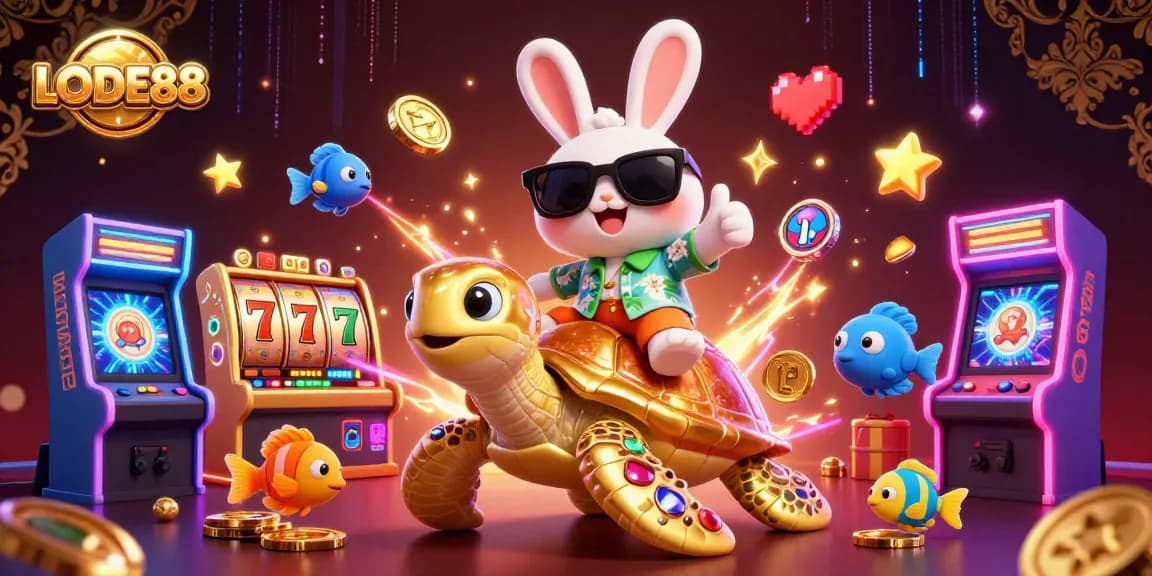 Experience LODE88's excitement through vibrant slots and a charming scene featuring a lucky rabbit.
