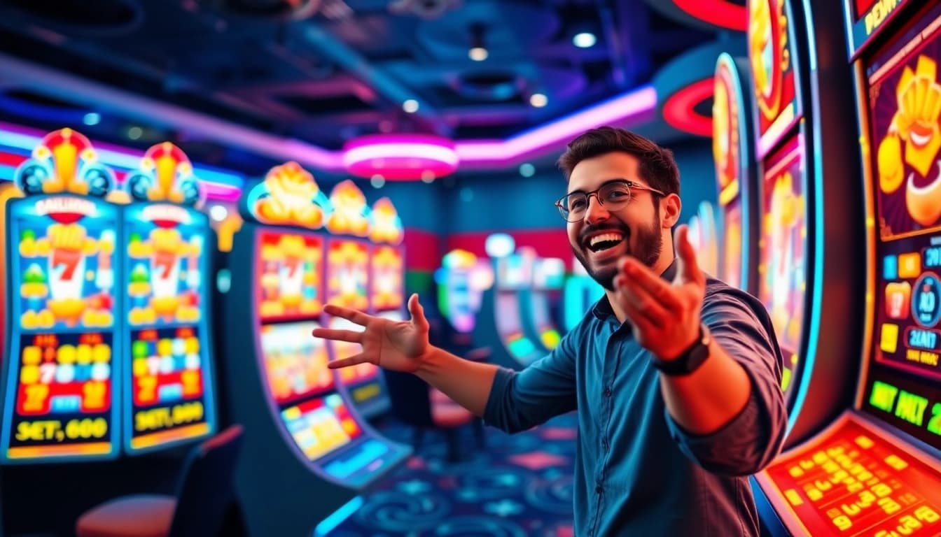 Menangkan permainan slot online dengan mesin slot yang berwarna-warni dan pemain yang bahagia.