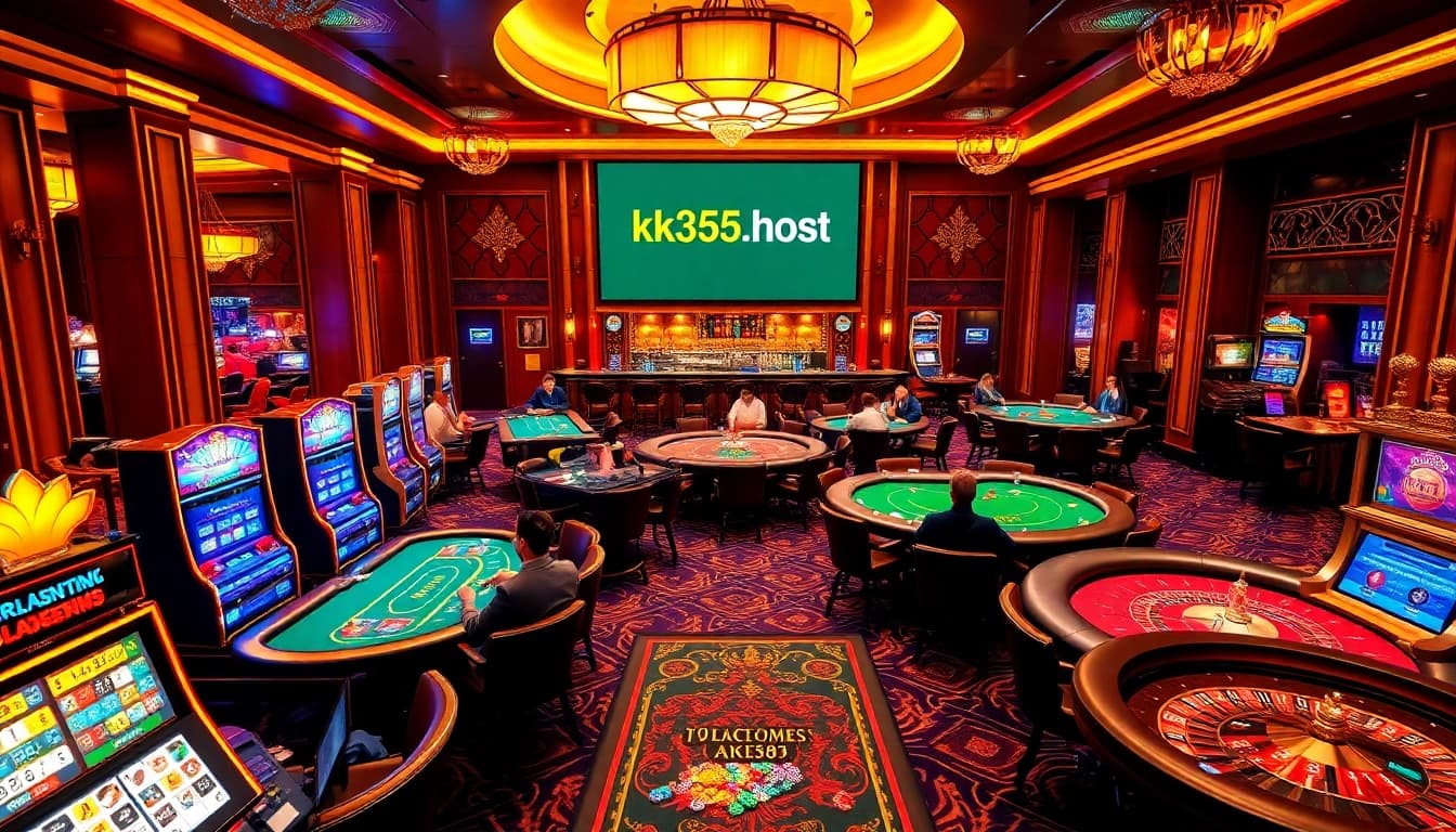 Engage with the luxurious atmosphere of https://kk55.host/ featuring vibrant casino tables and players in action.