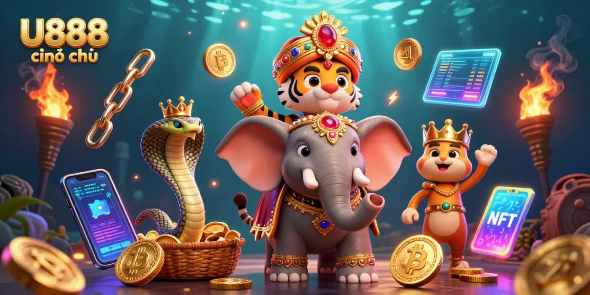 Experience the thrill of U888 chính thức with vibrant casino elements in a dynamic 3D scene.