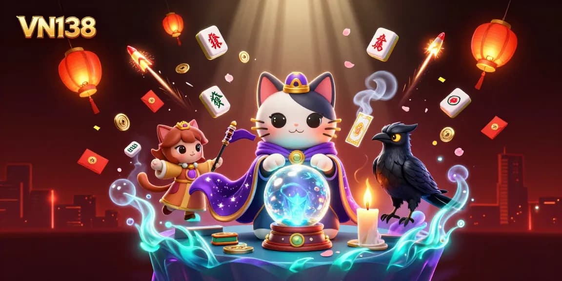 Experience thrilling action at VN138 with a vibrant casino scene showcasing mystical characters and festive elements.