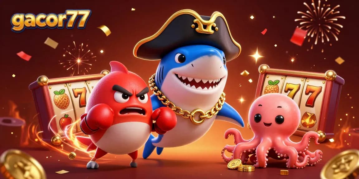 Gacor77 memberikan slot menguntungkan dengan simbol keberuntungan serta karakter lucu di tengah perayaan kasino.