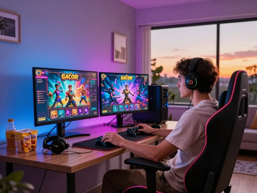 Excited player enjoying slot gacor games in colorful home gaming setup.
