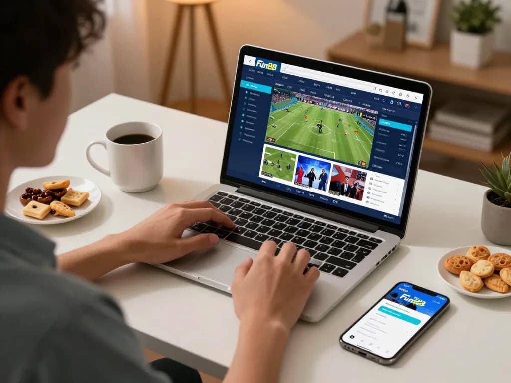 Active engagement in sports betting on Fun88 com during a cozy home setup, showcasing the betting interface.
