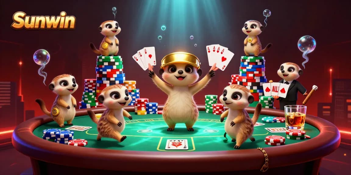 Sunwin meerkats orchestrating a vibrant casino scene with poker chips and glimmering cards.