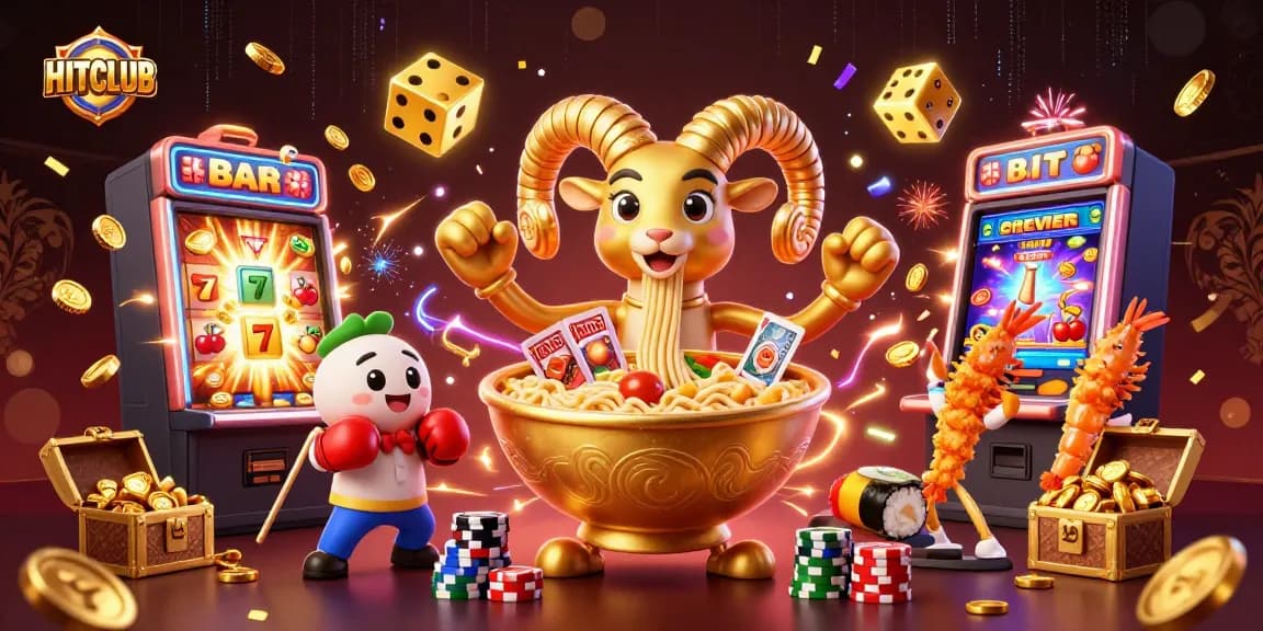 HITCLUB showcases a vibrant casino scene with 3D characters engaging in thrilling gameplay surrounded by dynamic game elements.