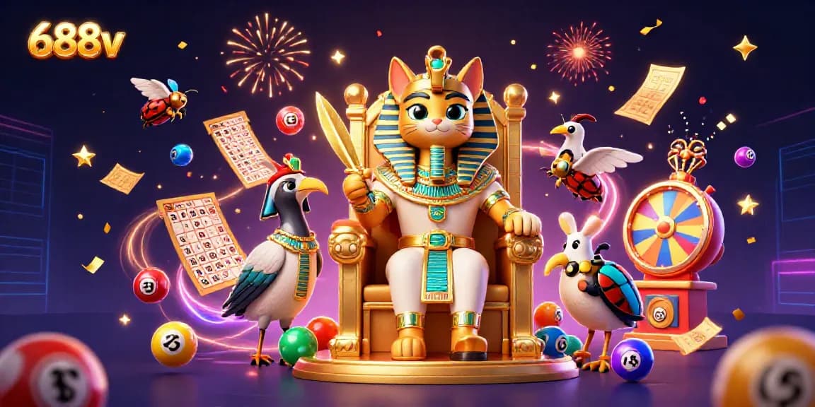 Join the fun with 688v lottery balls bouncing around a regal Egyptian pharaoh cat in an illustrated casino adventure.