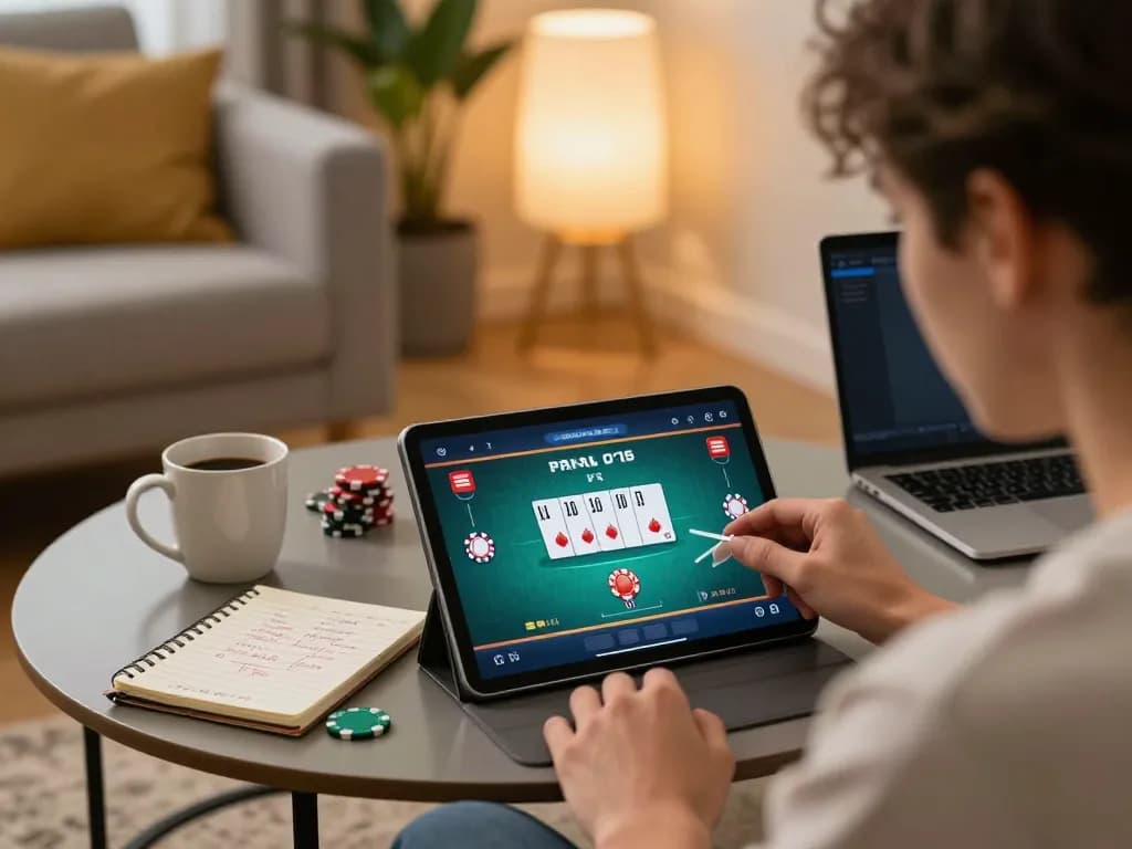Person strategizing for 23win poker game on tablet in warm home setting