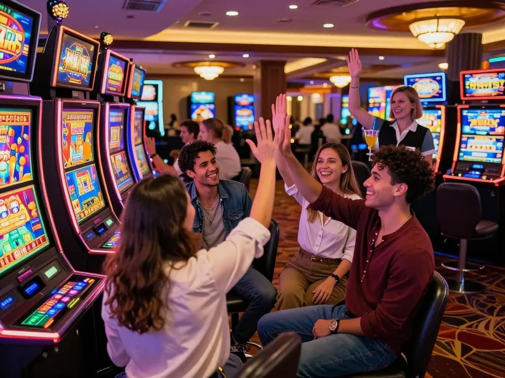Sahabat merayakan kemenangan besar di mesin slot di kasino, menyoroti kegembiraan slot gacor hari ini.