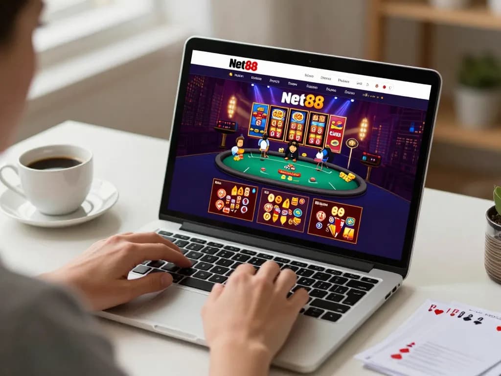Engaging with net88 interface on a laptop, illustrating immersive online gambling experience.