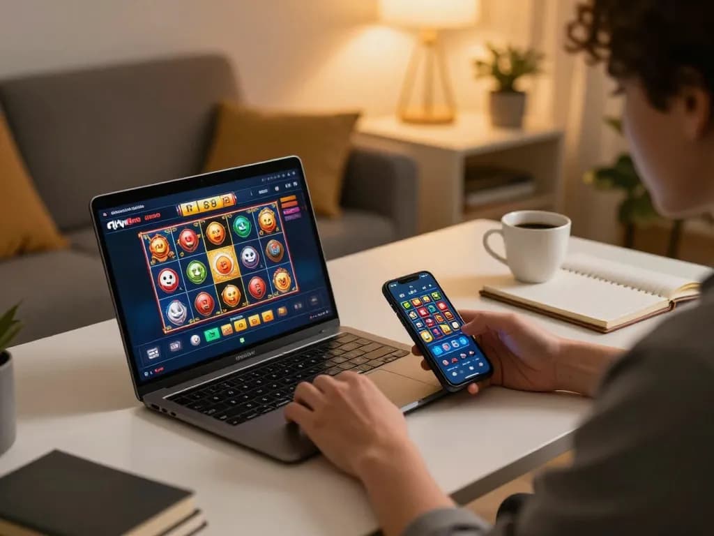 Engaged player using fly88mb casino app on laptop while strategizing notes on the table