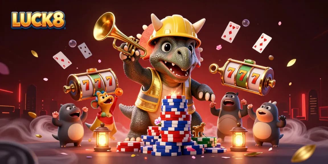Experience the excitement of LUCK8 with vibrant 3D casino characters amidst dynamic gameplay elements.