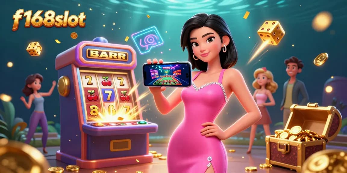 Experience the thrill of f168slot with our vibrant 3D casino scene showcasing jackpots and live games.