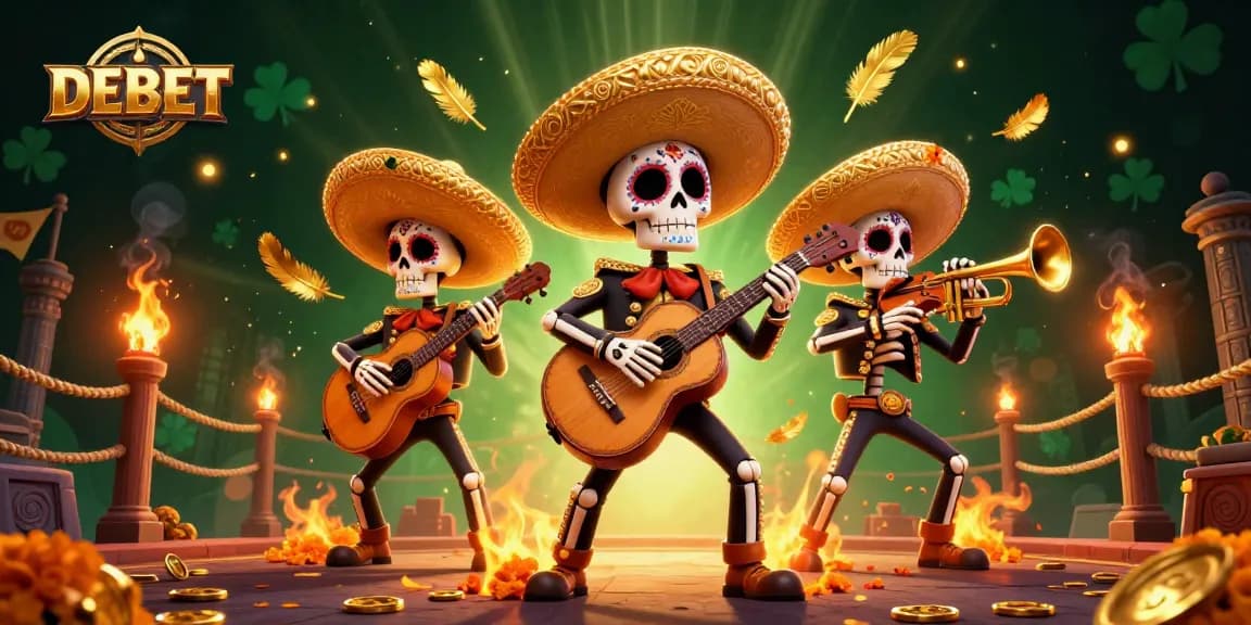 Engage with DEBET in this vibrant illustration of a mariachi band amid gold coins and gambling elements.