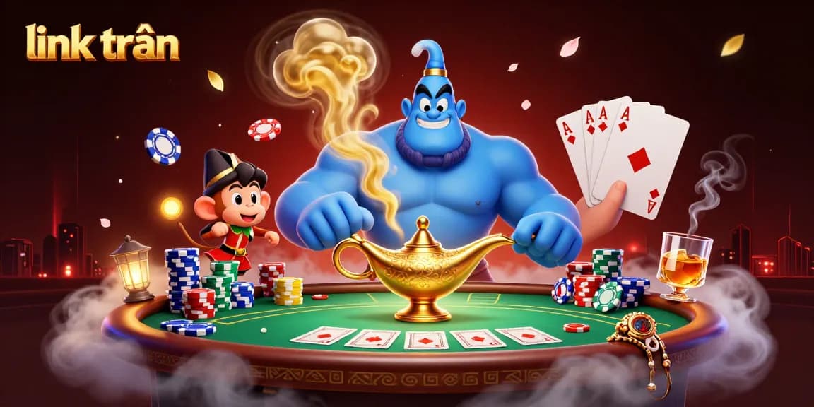 Engage with thrilling gambling scenes through link trần showcasing a genie, poker chips, and vibrant casino elements.