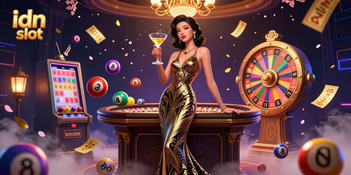 Experience the allure of idn slot with a stunning illustration of an elegant casino scene full of vibrant elements.
