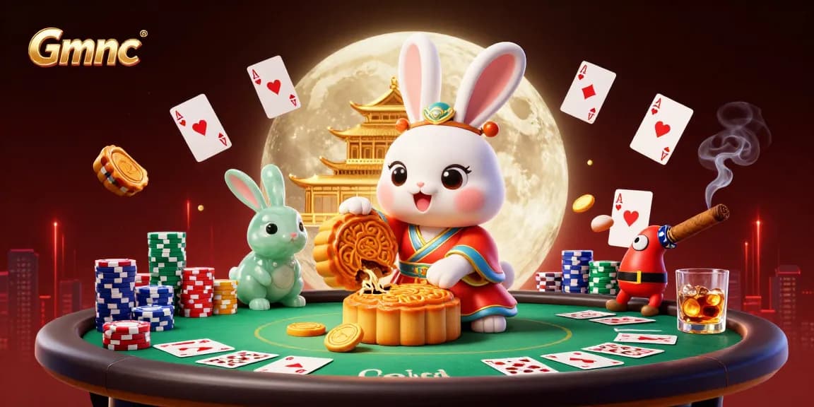 Engage in Gmnc's thrilling casino action featuring a moon rabbit and poker chips.