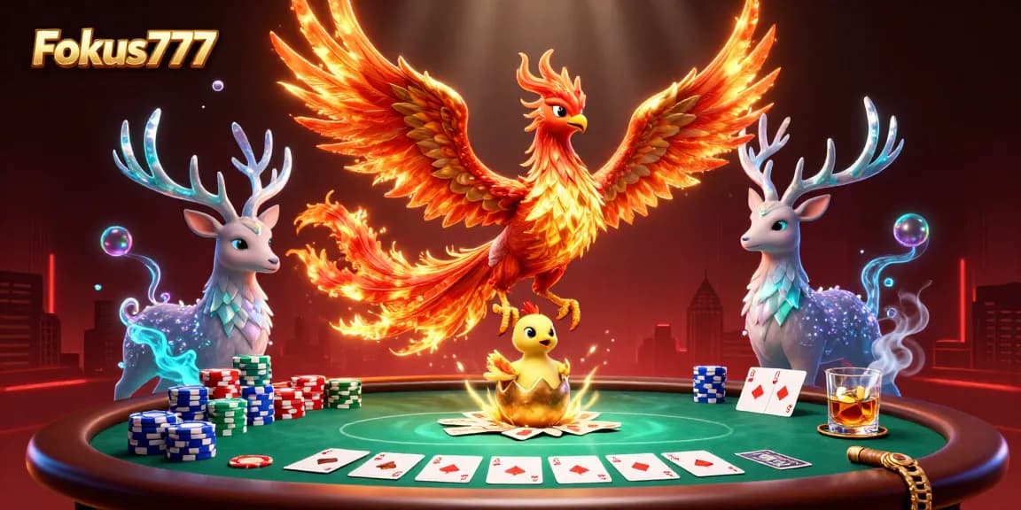 Experience the thrill of Fokus777 with a dynamic 3D illustration showcasing a fire phoenix and poker elements.