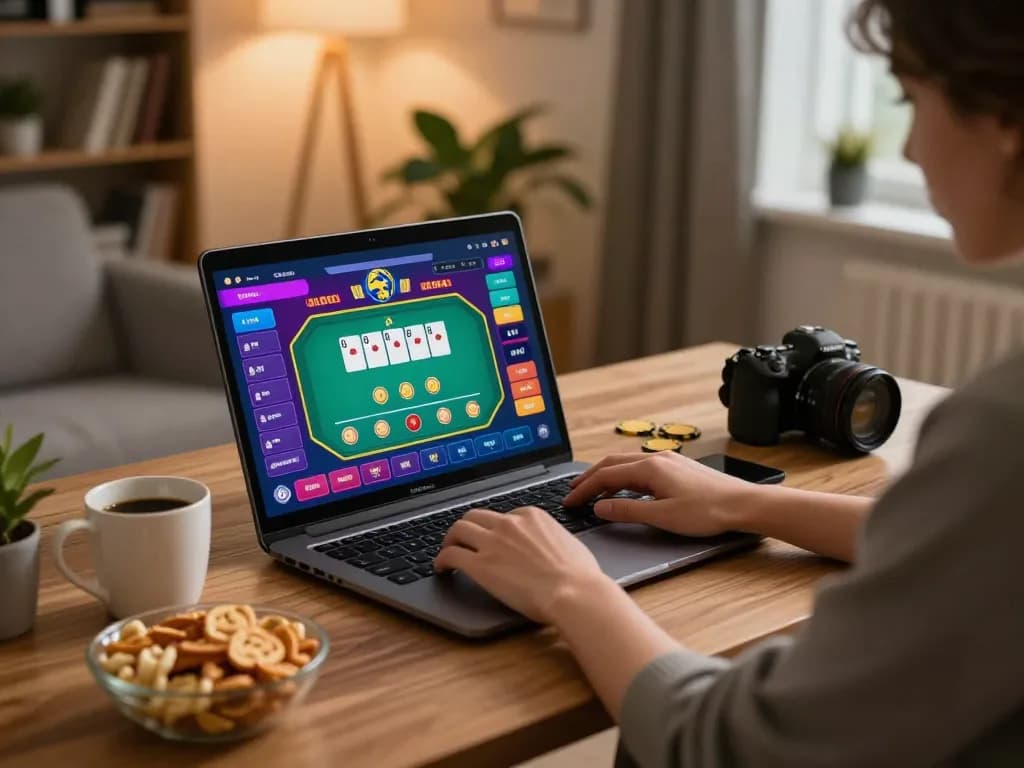 Engaged player enjoying online games at https://luck8.review/ in a cozy home setting.