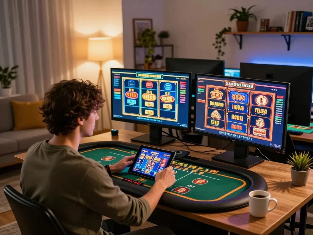 Player engaging with vt88 online casino interface, showcasing live dealer gameplay in a cozy home setting.