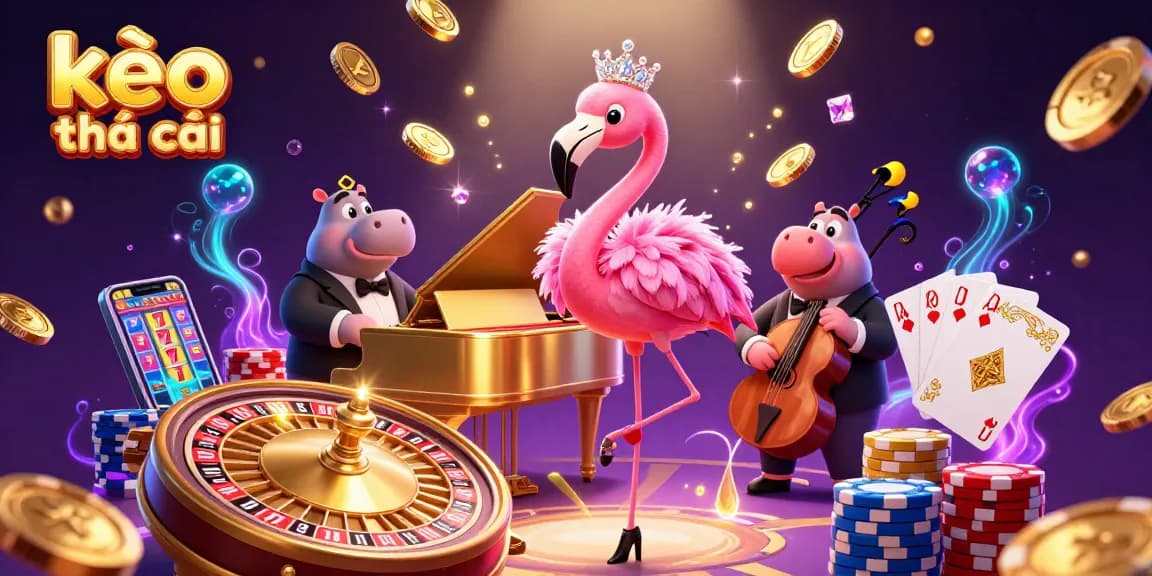 Engage with kèo nhà cái through vibrant casino scene filled with singing flamingo, hippo bassist, and exciting game elements.
