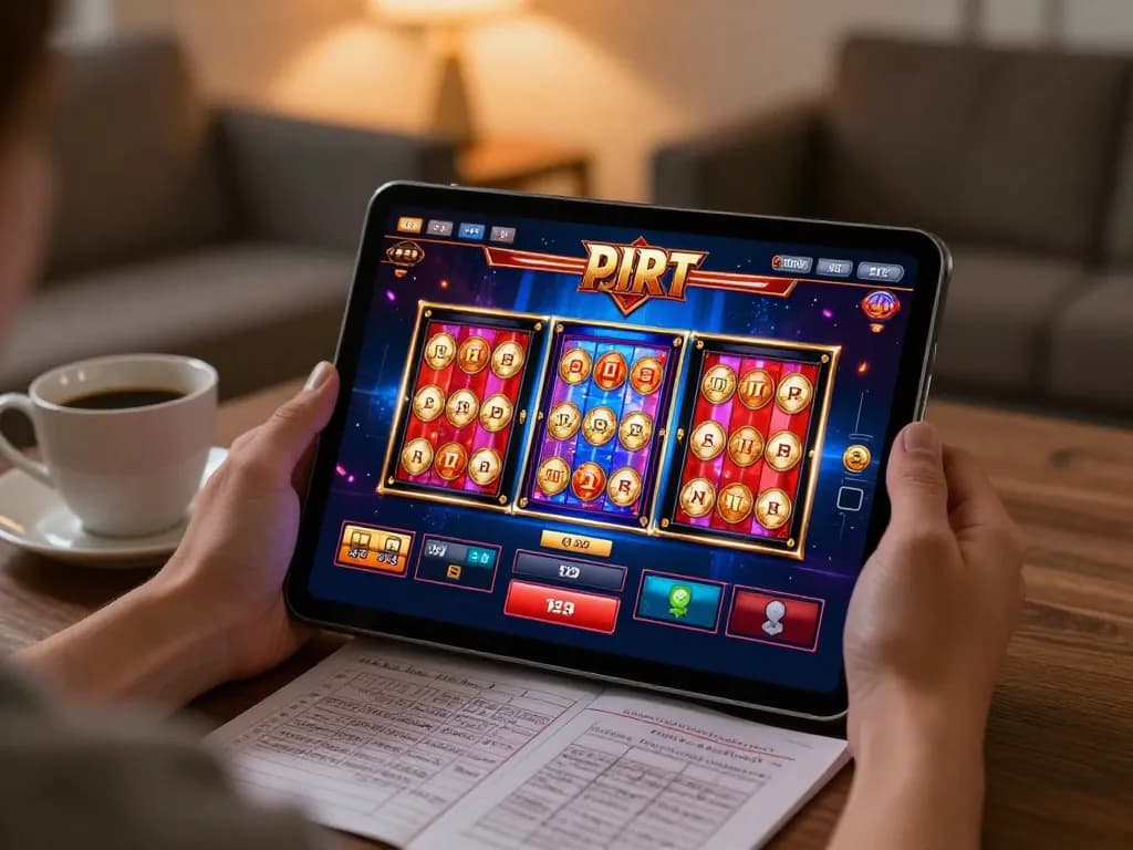 Orang yang berinteraksi dengan permainan slot online di tablet dalam suasana ruang tamu yang nyaman