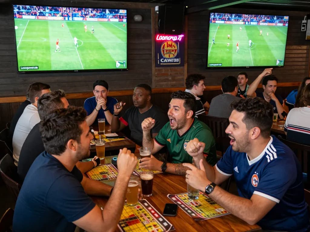 Excited fans watching live soccer on Luongsontv60 at a vibrant sports bar, capturing the thrill of sports betting.