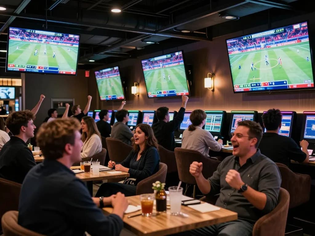 Engaged fans enjoying god55 sports betting at an upscale lounge during live matches