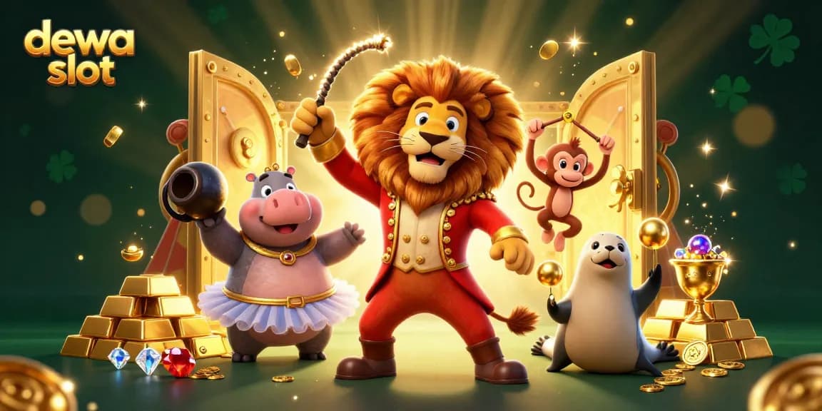 Join the fun with dewa slot in a vibrant casino setting featuring lively circus characters.