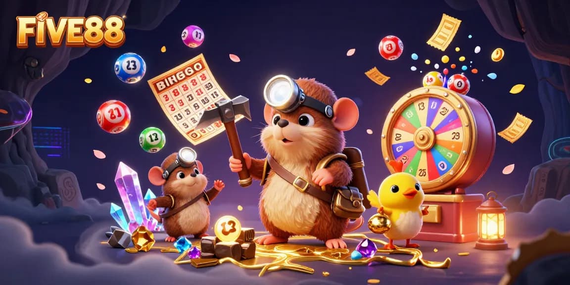 Engage in thrilling gaming with FIVE88 at a vibrant casino adventure illustration.