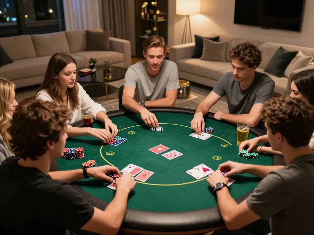 Người chơi Hitclub tận hưởng một trò chơi poker hồi hộp trong không gian hiện đại với bầu không khí sống động và đồ ăn nhẹ.