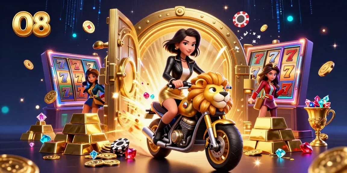 Play thrilling casino games at O8 with a glamorous Asian woman riding a golden lion mascot among sparkling treasures.
