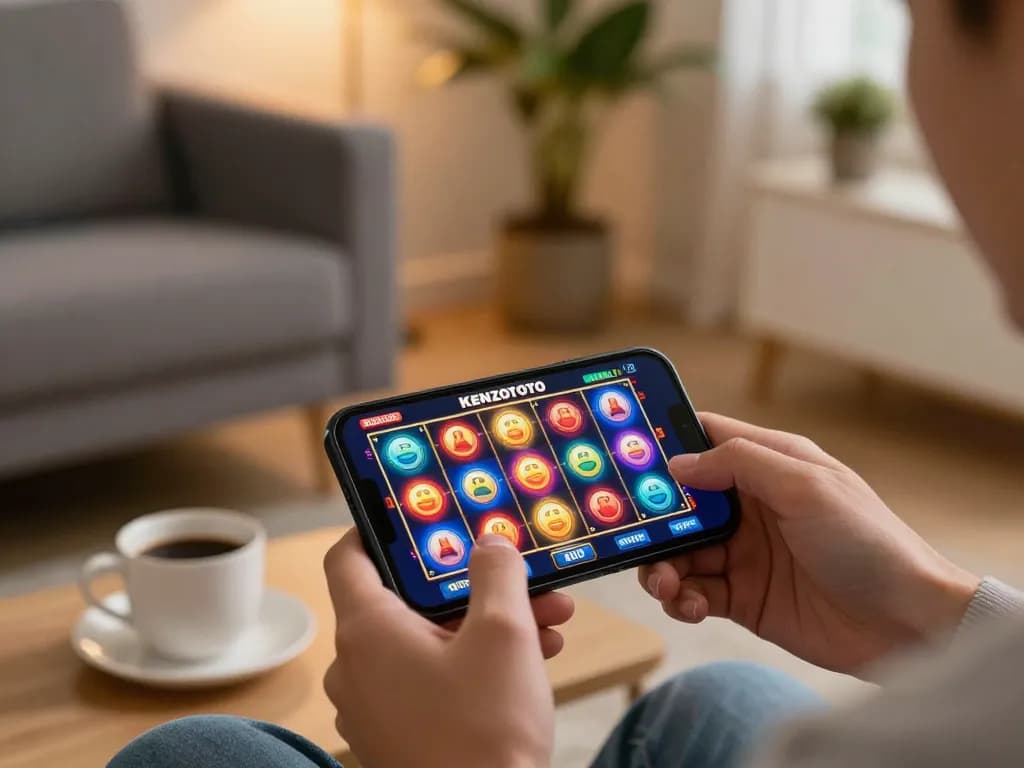 Playing KENZOTOTO online slot gacor with a smartphone in a cozy living room setting.