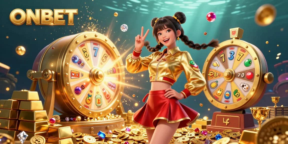 ONBET presents an exciting casino scene with vibrant colors, featuring a cheerful Asian woman surrounded by lottery elements and gold treasures.