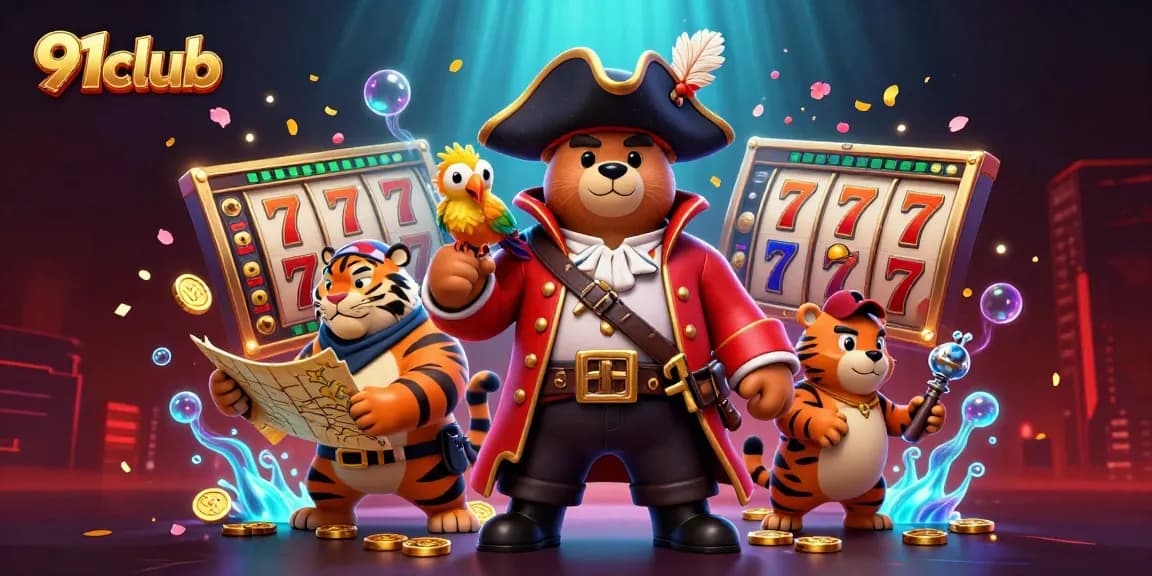 Engage in thrilling games with 91club's vibrant 3D illustration showcasing a pirate bear and tiger amid slot reels.