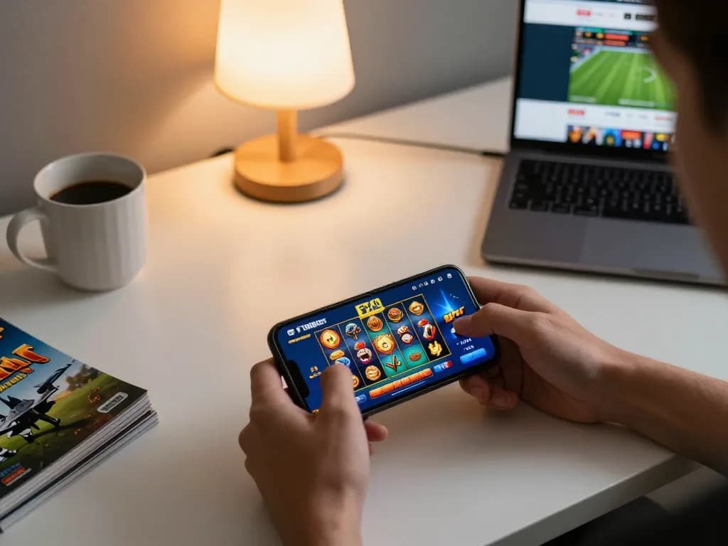 Engaged user playing f168slot on their mobile device in a modern gaming setup