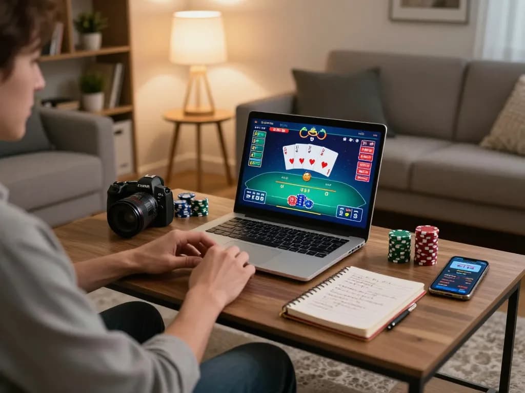 Gameradar user enjoying a lucrative poker game on a laptop in a cozy home setting.