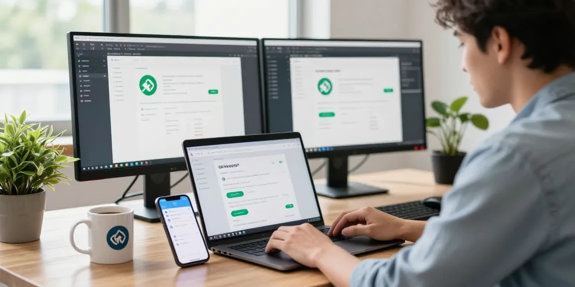 Engaging workspace with a developer exploring gb whatsapp features on the laptop, showcasing modern technology.