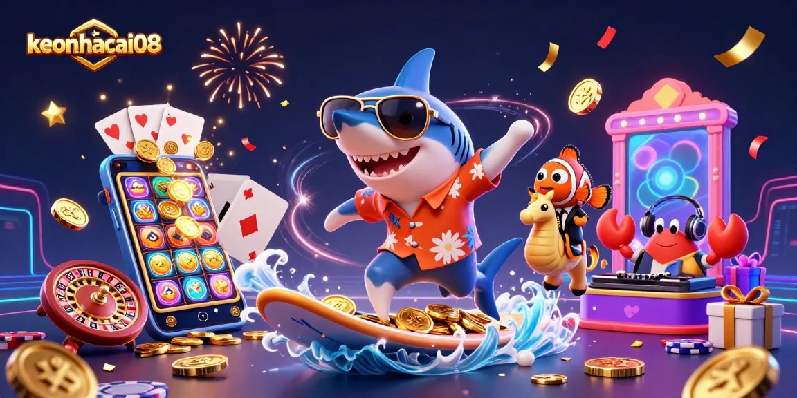 Engage with keonhacai08's thrilling slot action, featuring a shark, clownfish, and crab in a vibrant celebration.