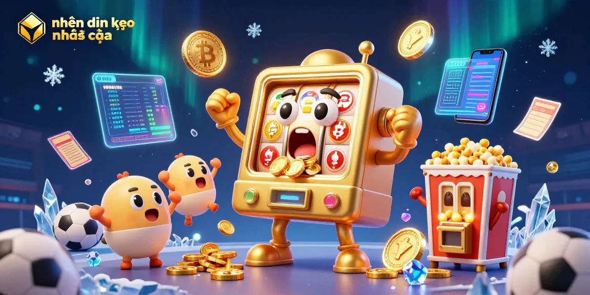 Engage in thrilling nhận định kèo nhà cái with a lively 3D sports betting scene showcasing animated slot machines.