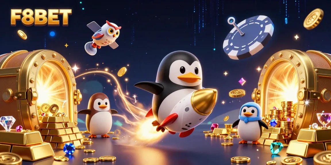 Win big with F8BET at the exciting cosmic casino, featuring a golden penguin and treasures!